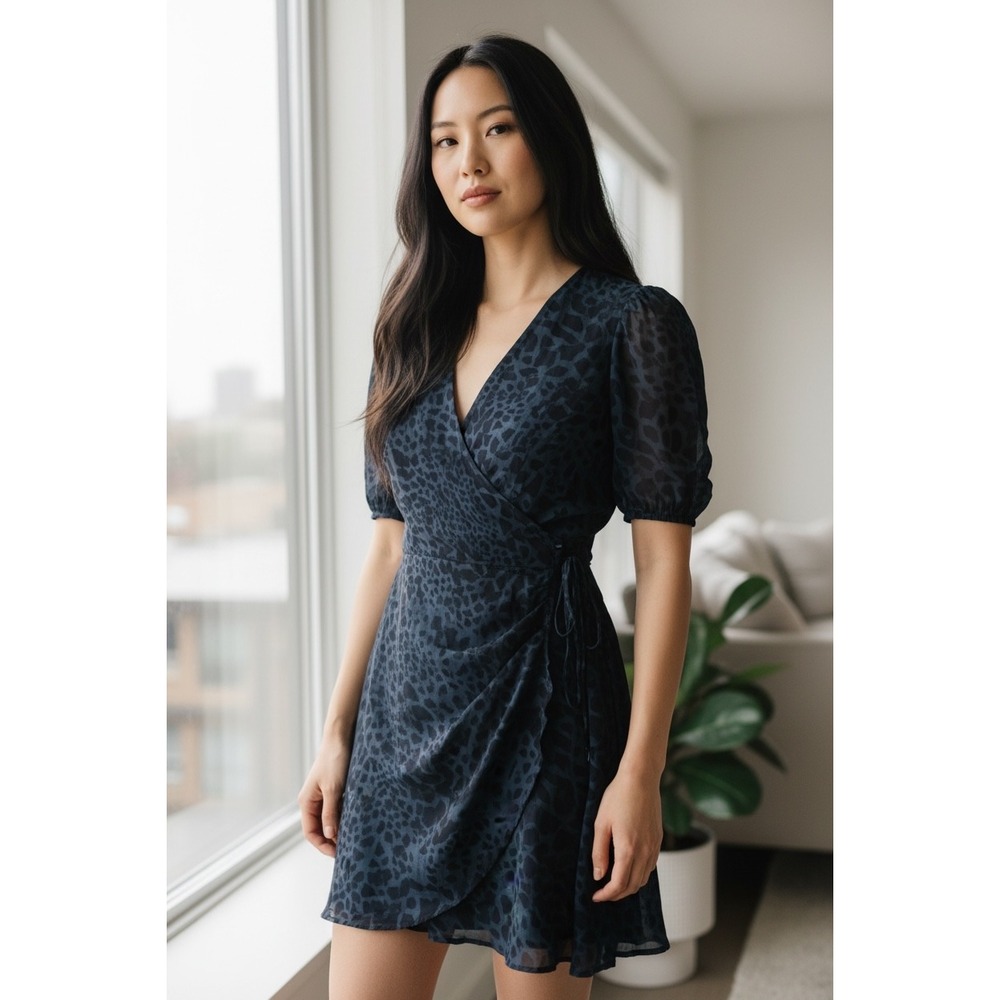 Bailey 44 Navy Blue Animal Print Wrap Dress Flirty Puff Sleeve Mini Size 4